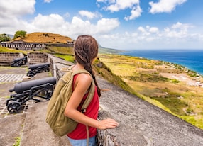 tourist girl on st kitts island cruise travel destination visiting brimstone hill fortress national