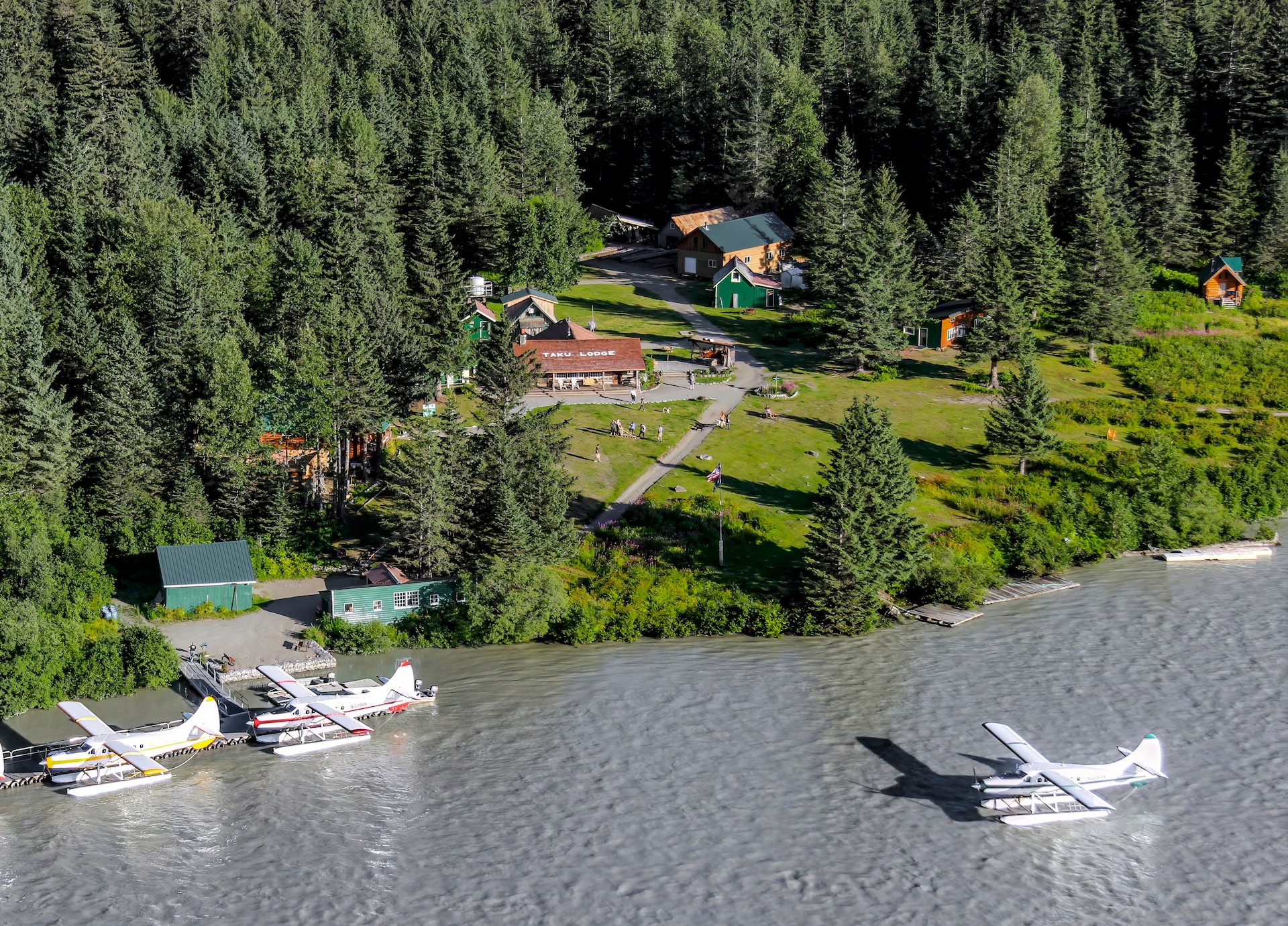 Taku Lodge Feast and 5 Glacier Seaplane aerial of lodge